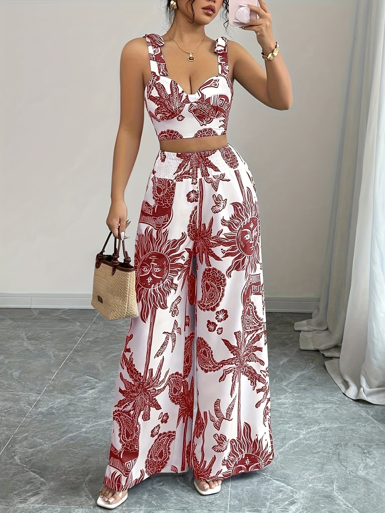 2pcs Bohemian Style Blue and White Floral Print Crop Top with Strapless Detail and Wide-Leg Pants, Perfect for Vacation or Casual Attire, Polyester, Spring/Summer Collection